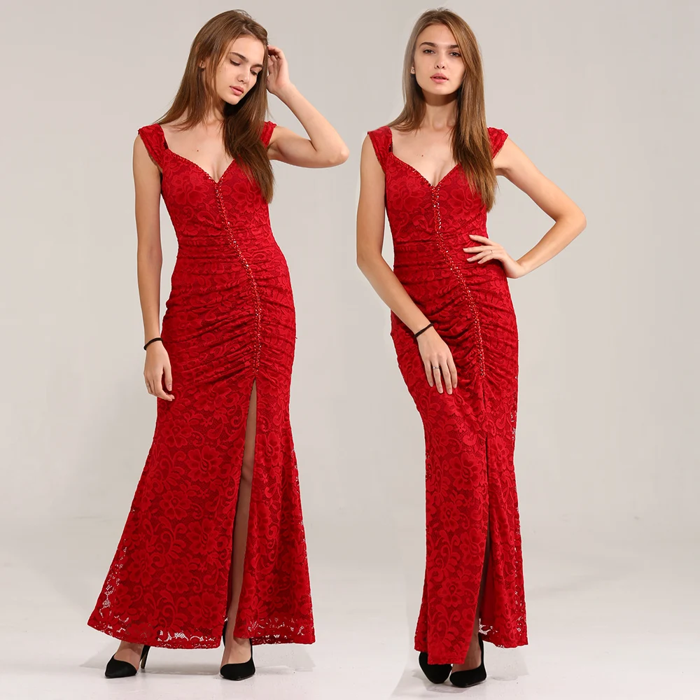 Angel-Fashion, женское платье, платье с вырезом лодочкой, плиссированное, кружевное, с бисером, с разрезом, Русалка, длинное, красное, вечерние, платье 425 200