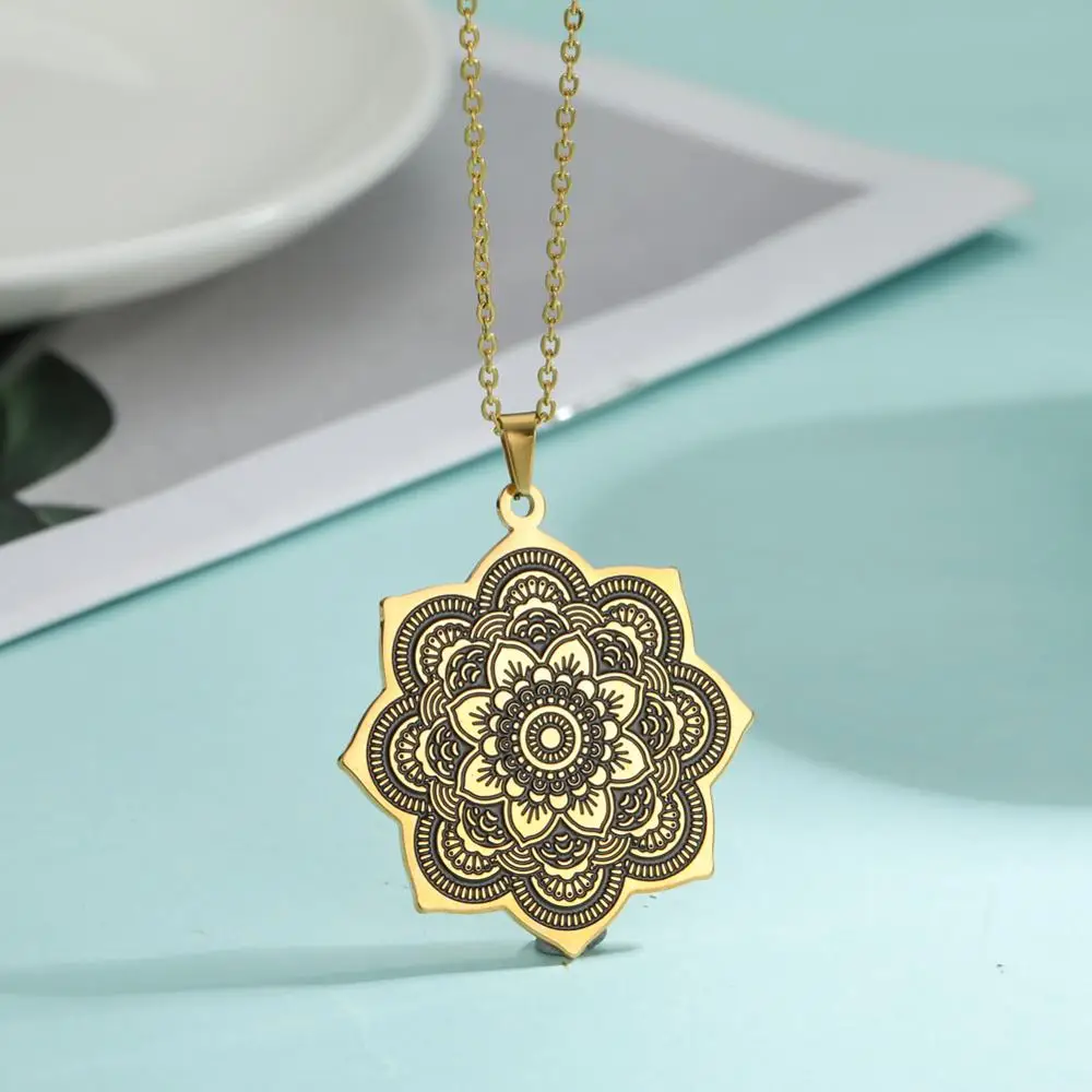 

COOLTIME Indian Buddhism Lotus Pendant Necklace for Women Stainless Steel Chain Necklace Vintage Jewlery Gift 2023 New In