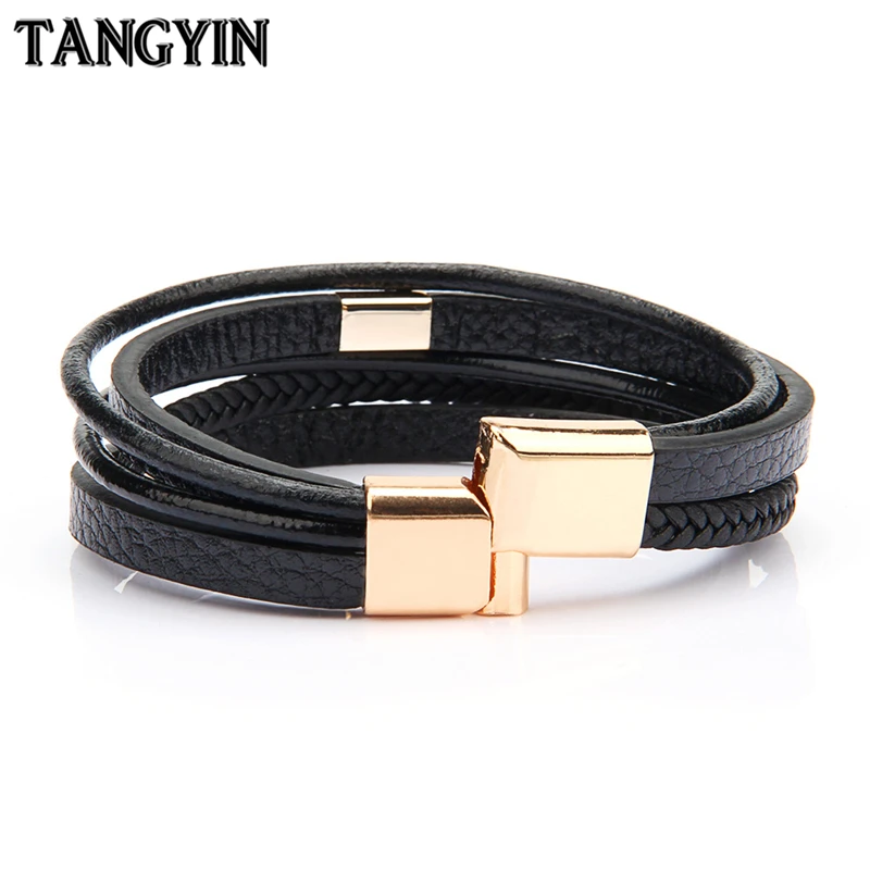 Танинь Мода из натуральной кожи цвет черный синий браслет для мужчин нержавеющая