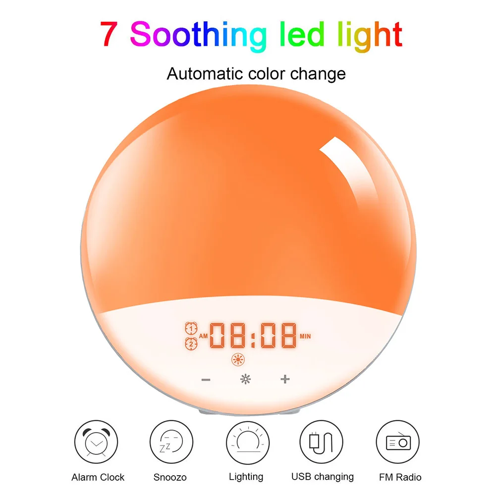 

Workday Digital Alarm Clock with 7 Colors Sunrise Sunset Wake Up Night Light FM Radio Digital Desk Table Nightlight Home Decor