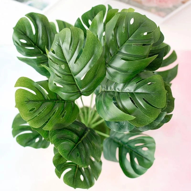 

18 Heads/1Bunch Artificial Turtle Faux Leaves Tropical Green Fake Plant Bouquet Monstera Deliciosa Wedding Party Home Decoration