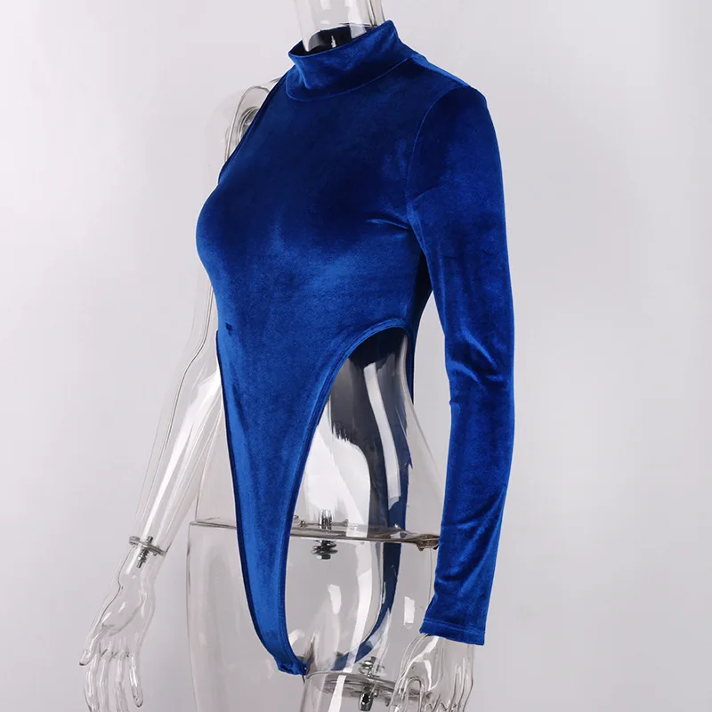 Сексуальный новый синий бархатный сексуальный боди с высоким воротом вечерние