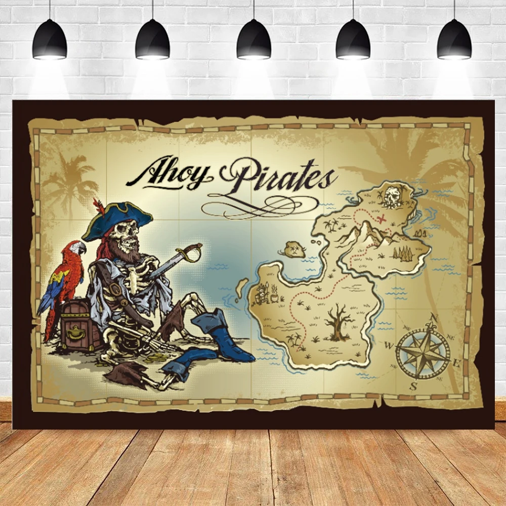 

Pirate Theme Map Bird Birthday Photocall Photography Backdrop Photophone Baby Party Decor Photographic Background Photo Studio