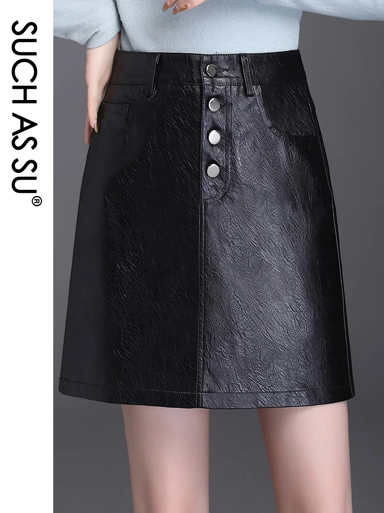 

Юбка-трапеция женская из экокожи с карманами на пуговицах и завышенной талией