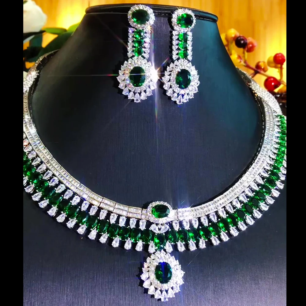 Оригинальный роскошный свадебный комплект Soramoore из двух предметов, ожерелье, серьги, модные ювелирные украшения из зеленого и синего фианит...