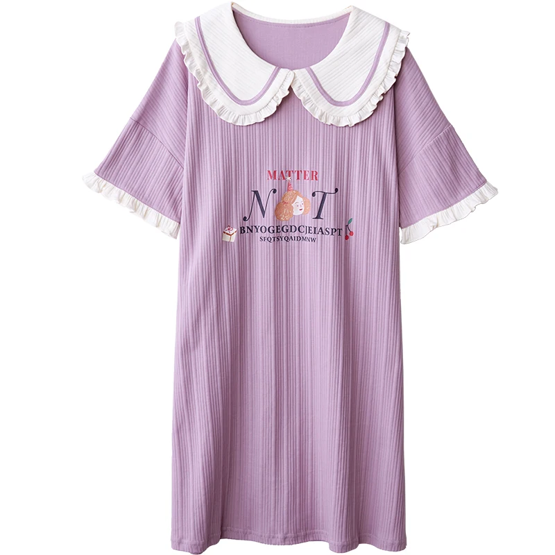 

Ruffles Cartoon Printed Short Sleeves Summer Korean Style Loose Sleepwear Daily Leisure Chic Trendy Women Nightgowns Sleepshirts