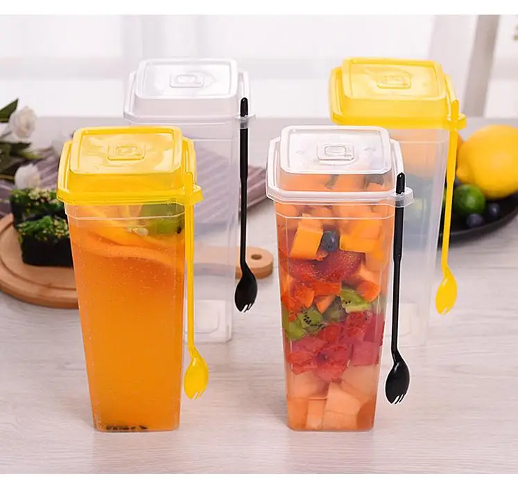 

960ML Disposable Cups Thick Transparent Plastic Drinking Cups with Lid Juice Tea Cup with Fork SN3127