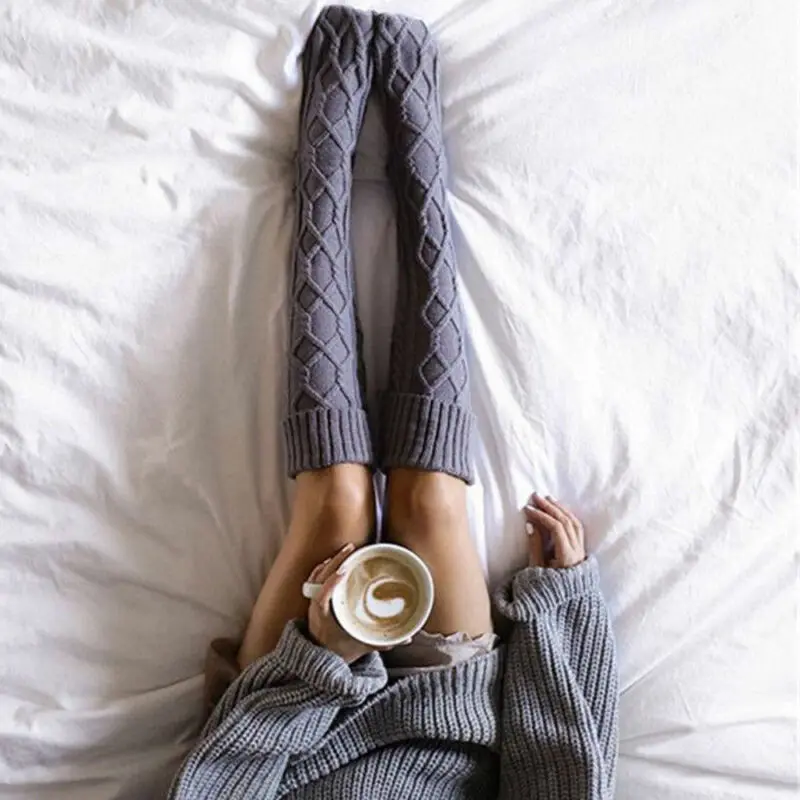 Женские зимние хлопковые толстые вязаные крючком чулки до Бедра Вязаные выше