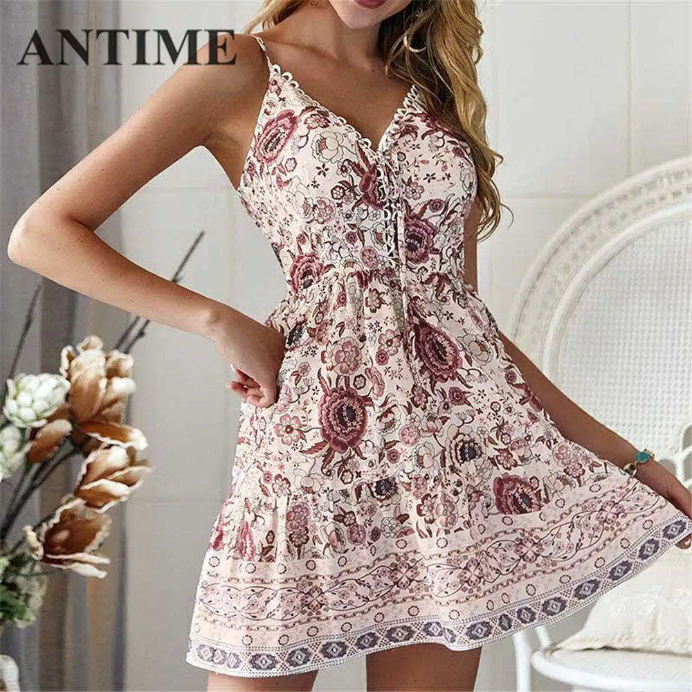 ANTIME Boho платье на бретельках женское летнее богемное ТРАПЕЦИЕВИДНОЕ ПЛАТЬЕ С v-образным вырезом на шнуровке повседневное Мини шифоновое платье без рукавов винтажное - Цвет: B