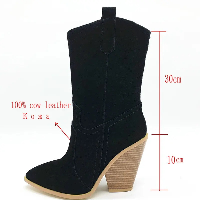 Женские ботинки из коровьей кожи ковбойские ботинки «Челси» на Высоком толстом каблуке осенне-зимняя женская обувь с острым носком