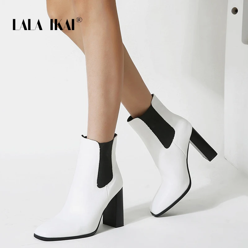 

LALA IKAI Women Boots Autumn Winter 2020 Square Head Ankle Boots High heels Short Booties Shoes Female Zapatos de mujer C10577-3