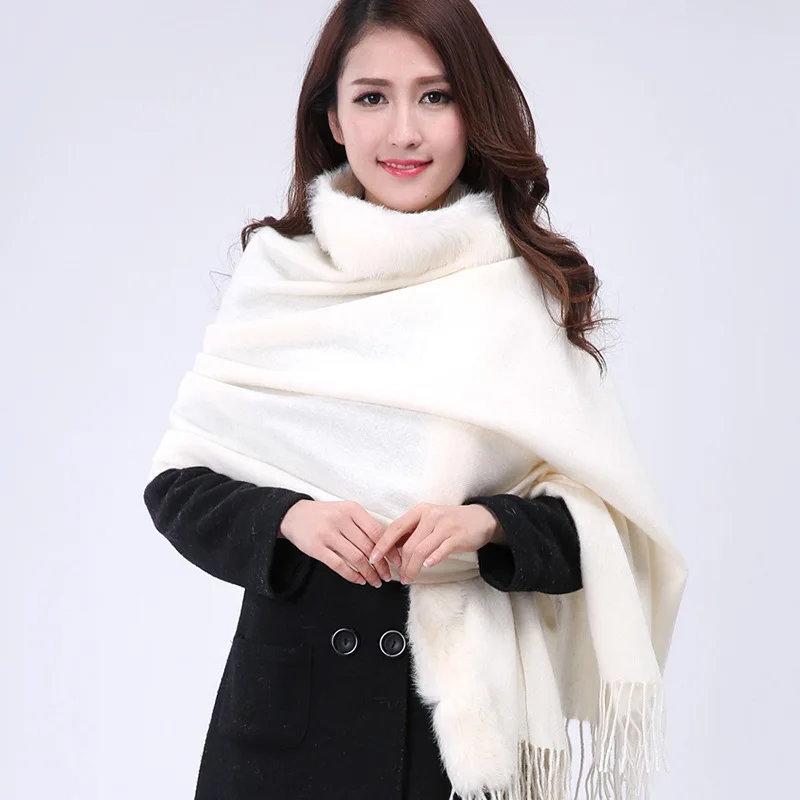 Женская зимняя кашемировая накидка цвета слоновой кости 100% шерсть 176x68 см| |