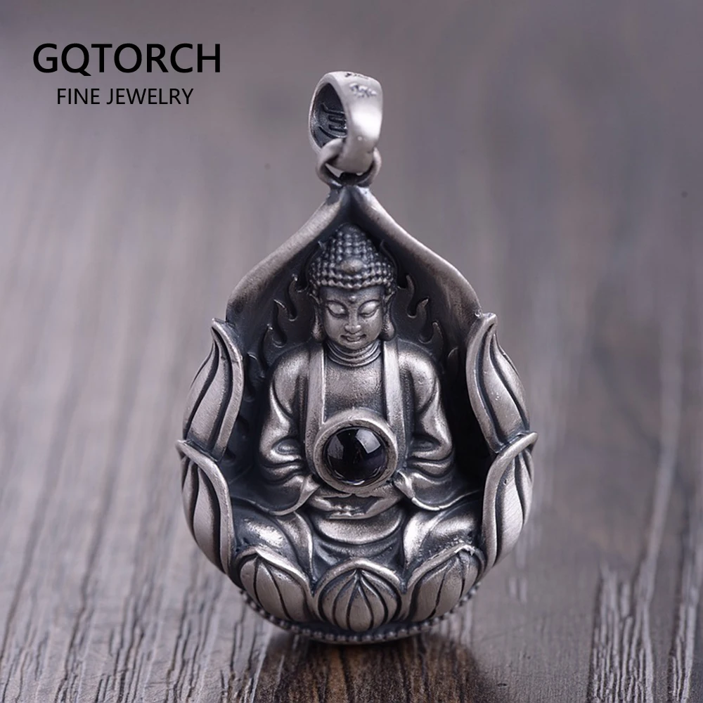 

Real Pure 925 Sterling Silver Guanyin Sit in Lotus Buddha Mantra Pendant Retro Amulets And Talismans Six Words Engraved