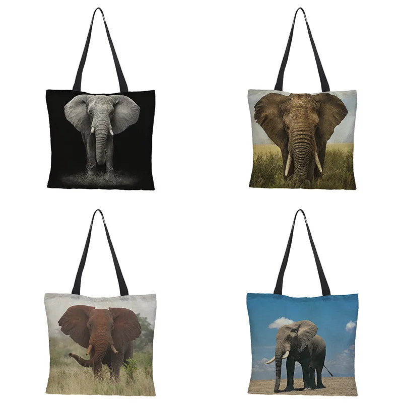 Льняная женская большая сумка тоут с принтом слона в европейском и американском