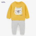 Комплект одежды для малышей Little maven, желтая футболка с собачкой и серые штаны, хлопковая плотная теплая осенняя одежда для мальчиков и девочек