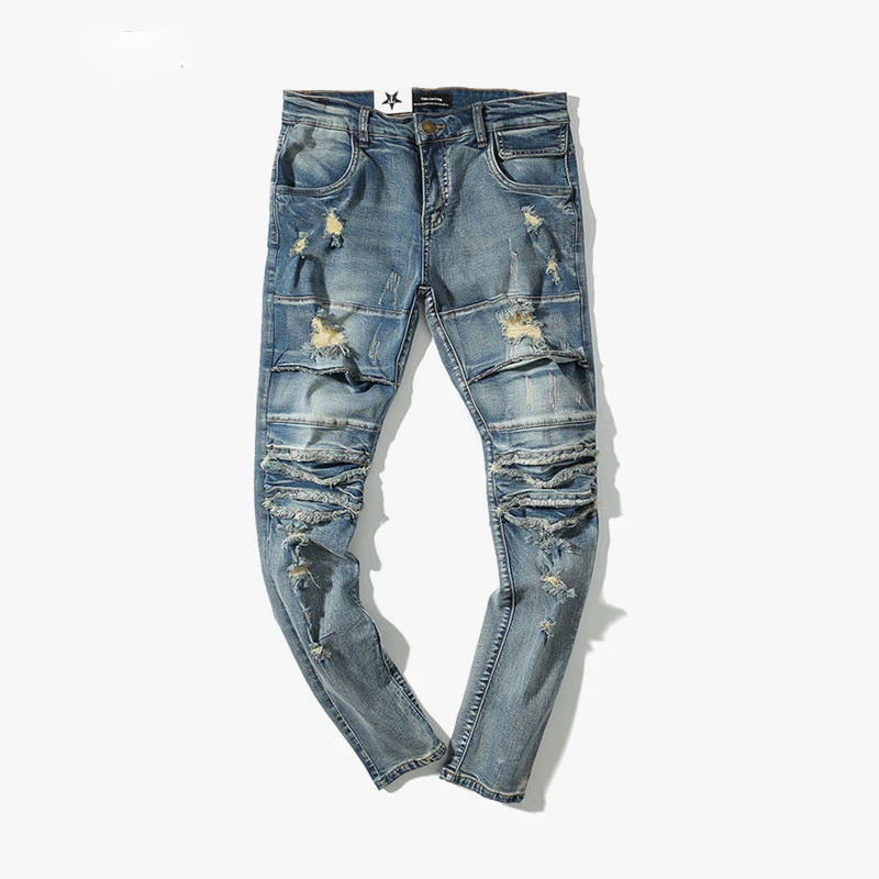 Модные уличные мужские эластичные рваные джинсы скинни потертые Синие