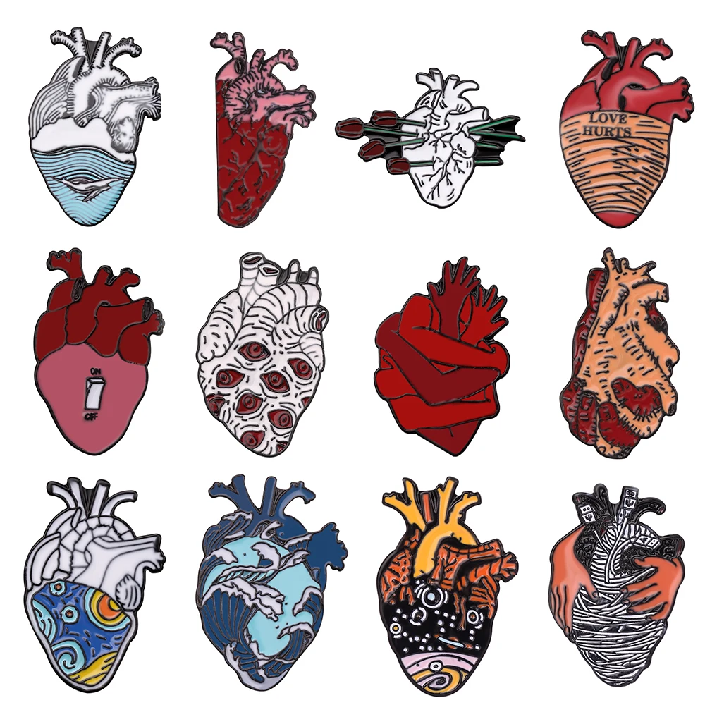 Punk Style Skeleton Love Heart Enamel Pins Self-deprecating Dark Punk Brooches Ocean Wave Whale Human Heart Lapel Pins Badges