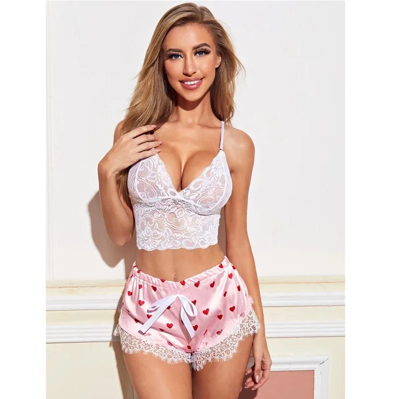 

Sexy Underwear Sets Pajama Sets Hollow Out Bra Tops And Shorts Women Erotic Hot Lace Lingerie Floral Sleepwear Female