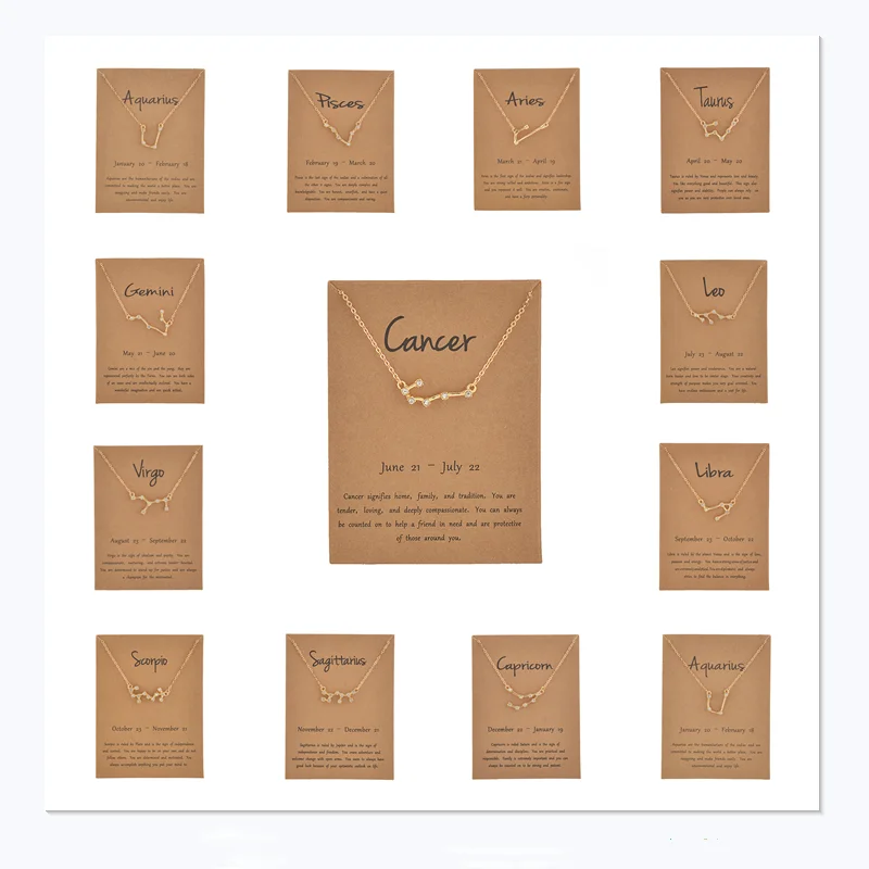 

Cardboard Star Zodiac Sign 12 Constellation Necklaces Crystal Charm Gold Chain Choker Necklaces for Women Birthday Jewelry Gift