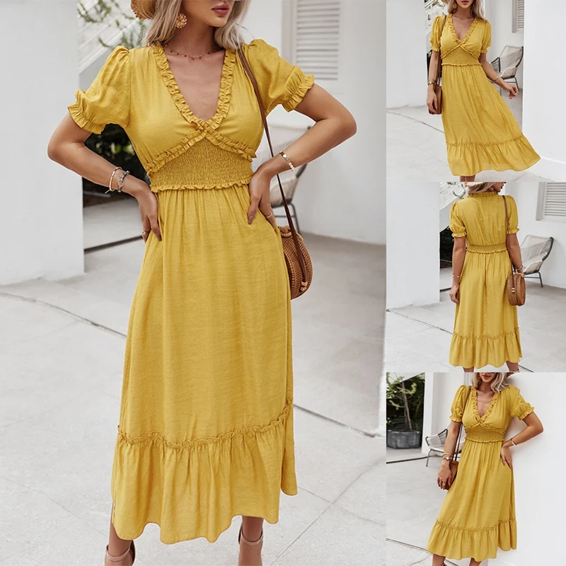 

Women'S V-Neck Half-Sleeve Ruffled Flowing Solid Color Party Dress
