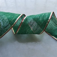 63mm 25yards wired edge green sheer ribbon with golden and red edges for birthday decoration chirstmas gift diy wrapping