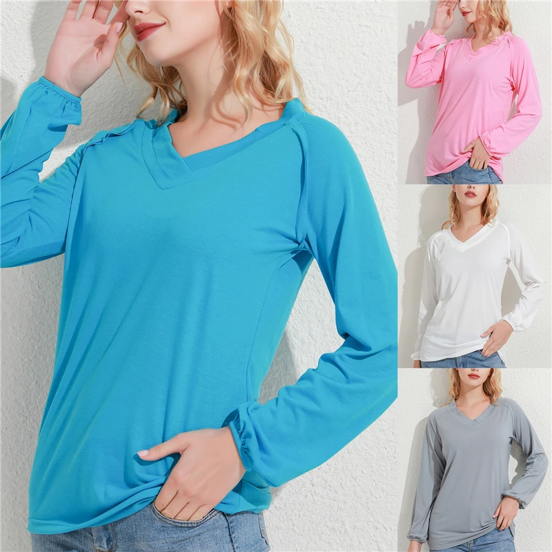 

Women Fashion Casual V-neck Tops Autumn Winter Long Sleeved T-shirts Ladies Solid Color Blouses Plus Size Loose Cotton Shirts