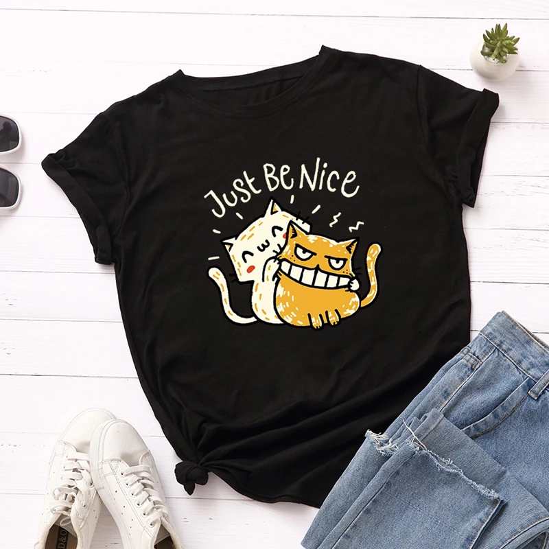

Just Be Nice Women T-shirts Cats Printed Graphic Tees Women Shirts Summer Short Sleeves Tops Funny Cute Cartoon Women T Shirts
