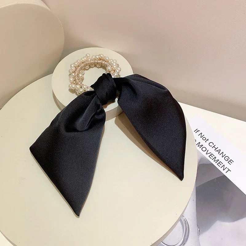 

Satin Solid Ribbon Hair Scrunchies Pearl BowKnot Elastic Hair Bands Solid Color Headwear Girls Ponytail Holder Hair Accessories