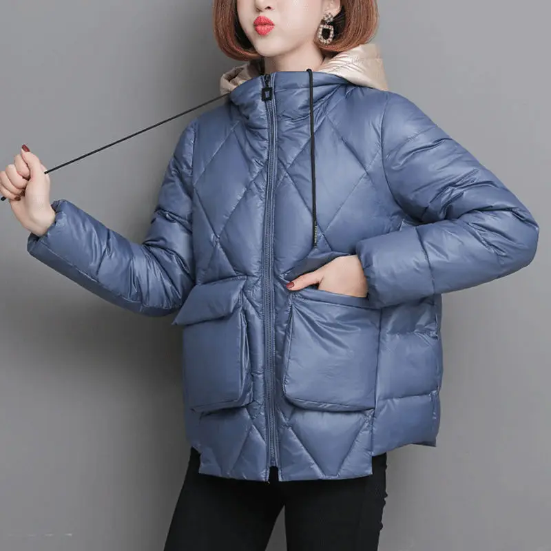 Short Parkas Women Patchwork Hooded Simple Solid Pockets Womens Casual Korean Style Females Daily All-match Winter Chic | Женская одежда