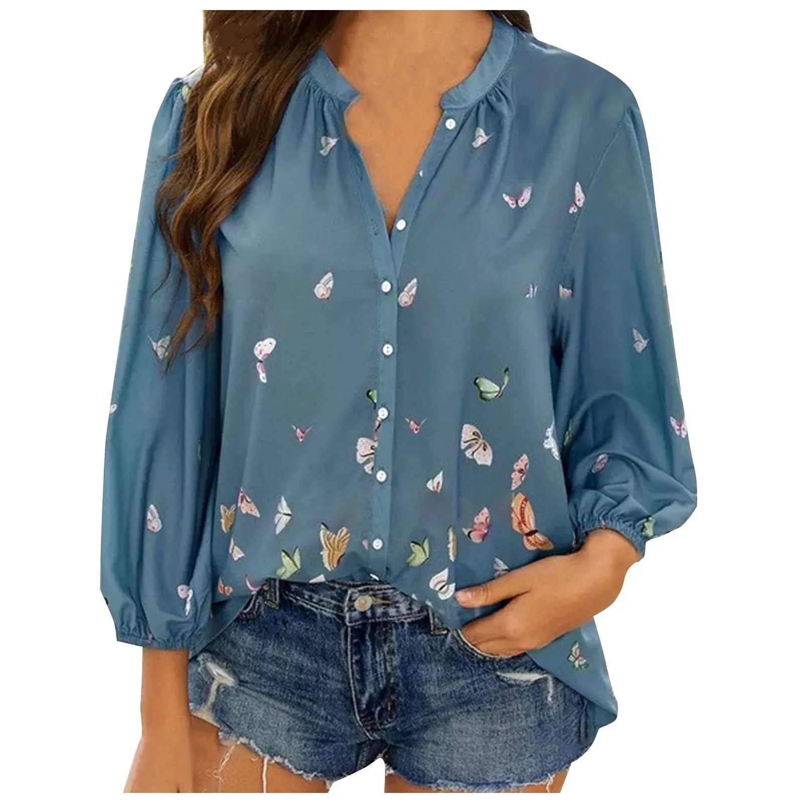 

Fashion Womens Butterfly Print Shirts Casual Print Long Sleeve V-Neck Pullover Ladies Outwear Loose Tops ropa de mujer