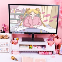 5020cm cute pink monitor stand desktop storage wood bracket notebook desktop computer monitor increase rack office supplies