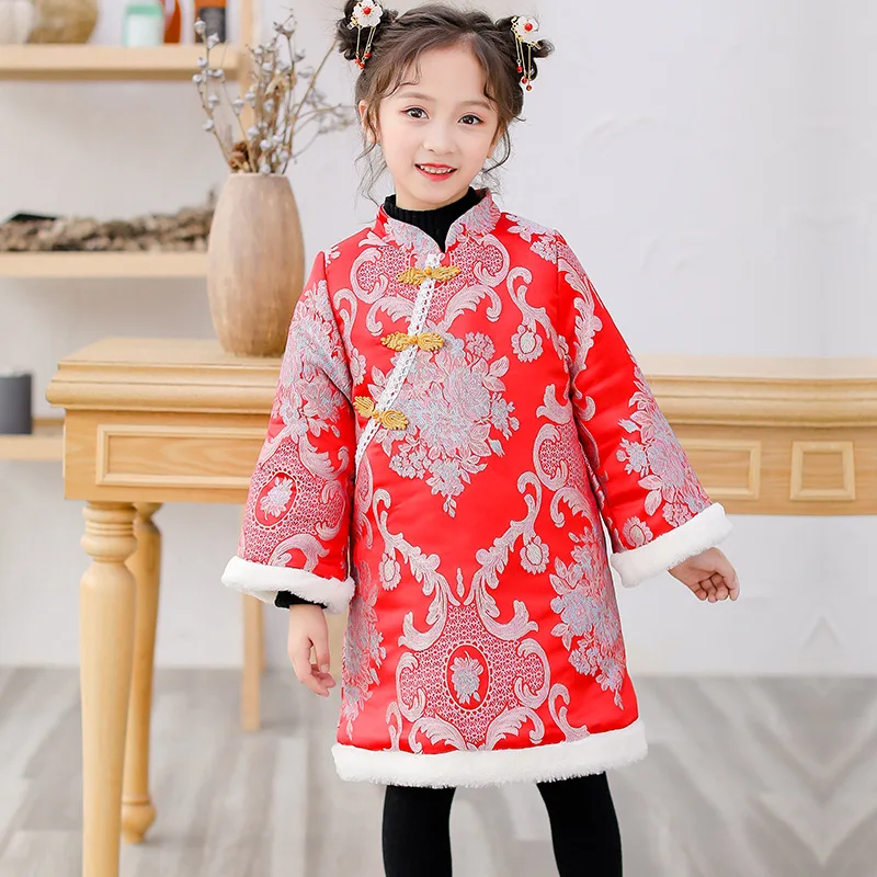 Зимняя одежда Tang для девочек платье в китайском стиле детское плотное теплое