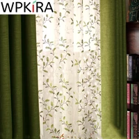 pastoral blackout curtain green linen fabric window screen leaves embroidered curtain tulle for living room bedroom american