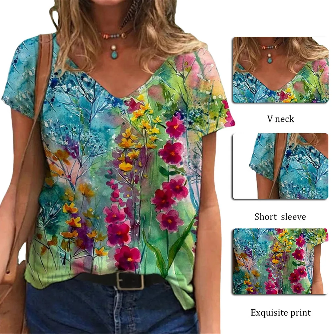 

Uefezo Summer Women Floral Print Tshirt Short Sleeve Loose Casual V-Neck 3D Digital Printed T Shirts Streetwear Tops Femme