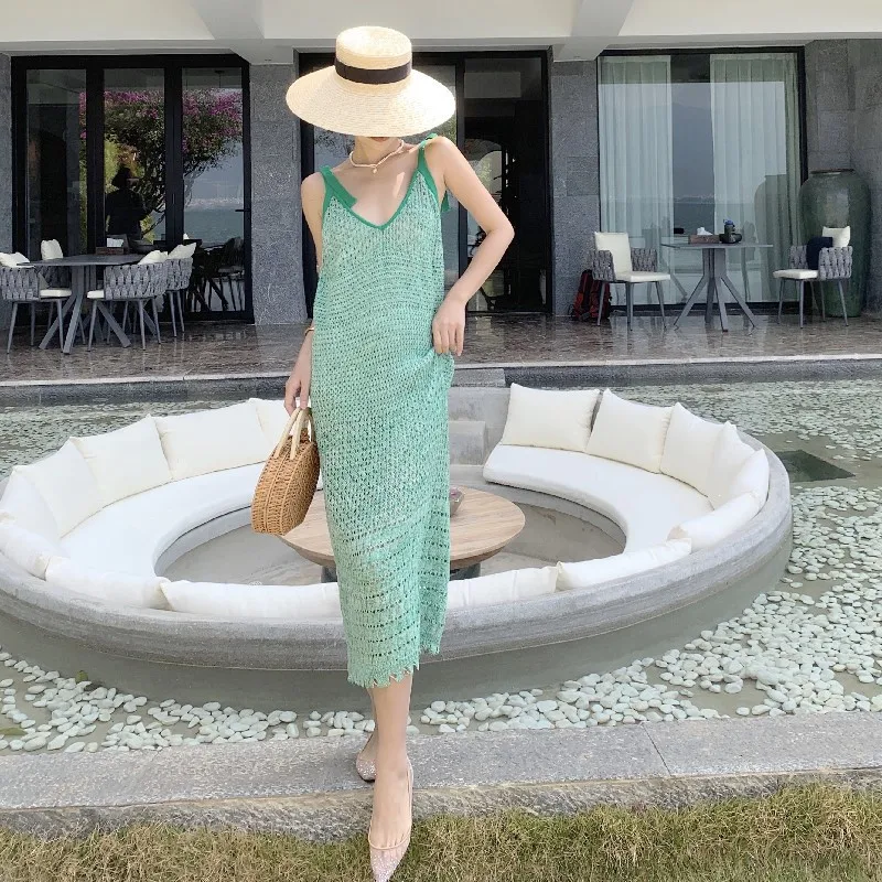 

Bali seaside resort-style green knitted hedging style slim and thin long bag hip loose waist sling open back A-line dres