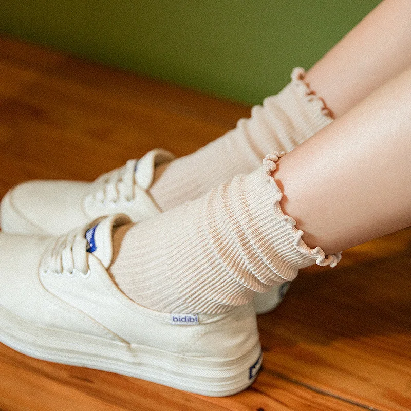

Japanese solid color pile socks fungus lace loose mouth women's cotton socks tube socks Lolita socks casual socks