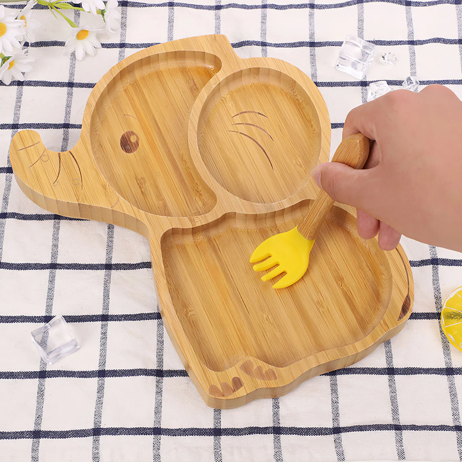 

Elephant Wooden Baby Dinner Plate 3 Grid Food Plate Fruit Tray Snack Plate Cute With Spoon Family Picnic For Kids Baby Feeding