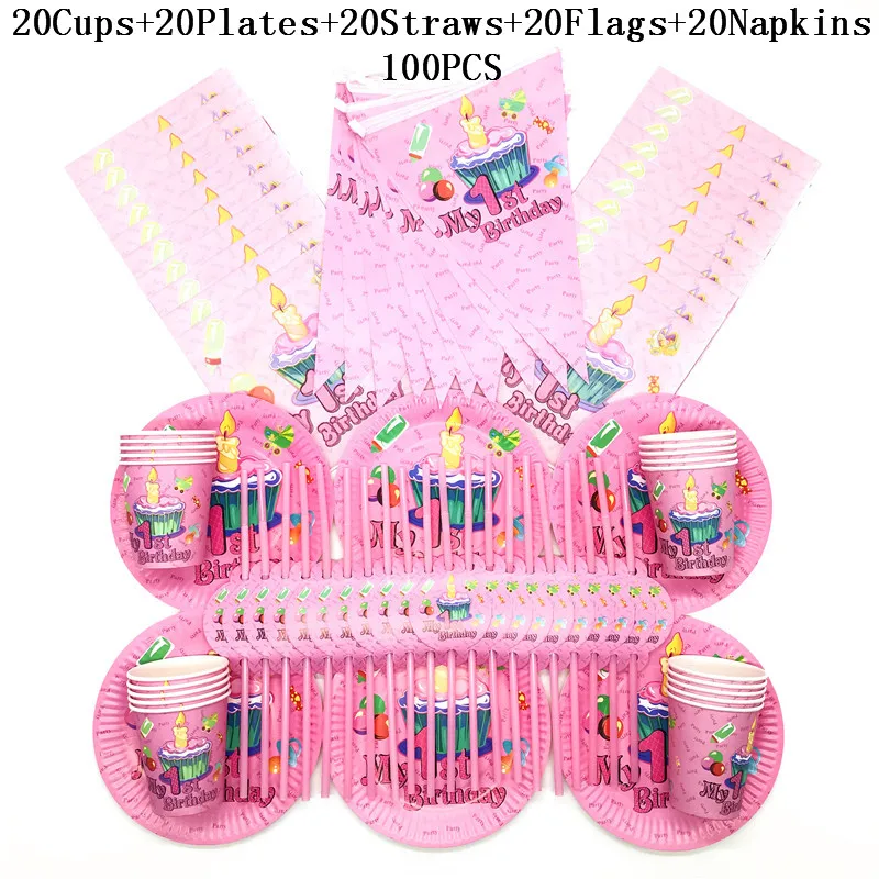 

100Pcs/lot My First Birthday Party Supplies Red Disposable Cups Plates Napkins Straws Flag Happy Birthday Decorations For Kids