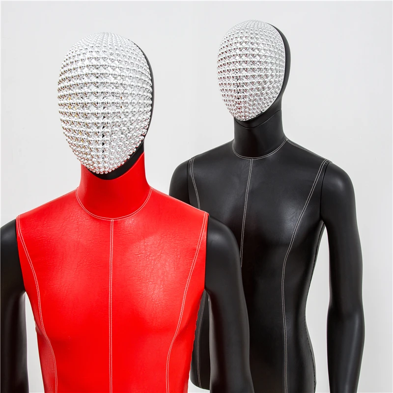 

Male Model Half Length European Famous Full Body Leather Color Electroplated Mask Mannequin