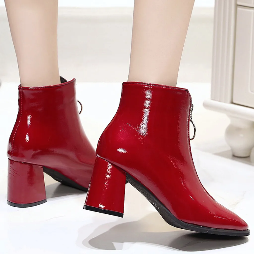Women Ankle Boots Bright Leather Ring Zipper Female High Heel Shoes Square with Ladies Fashion British Wind Plus Size | Обувь