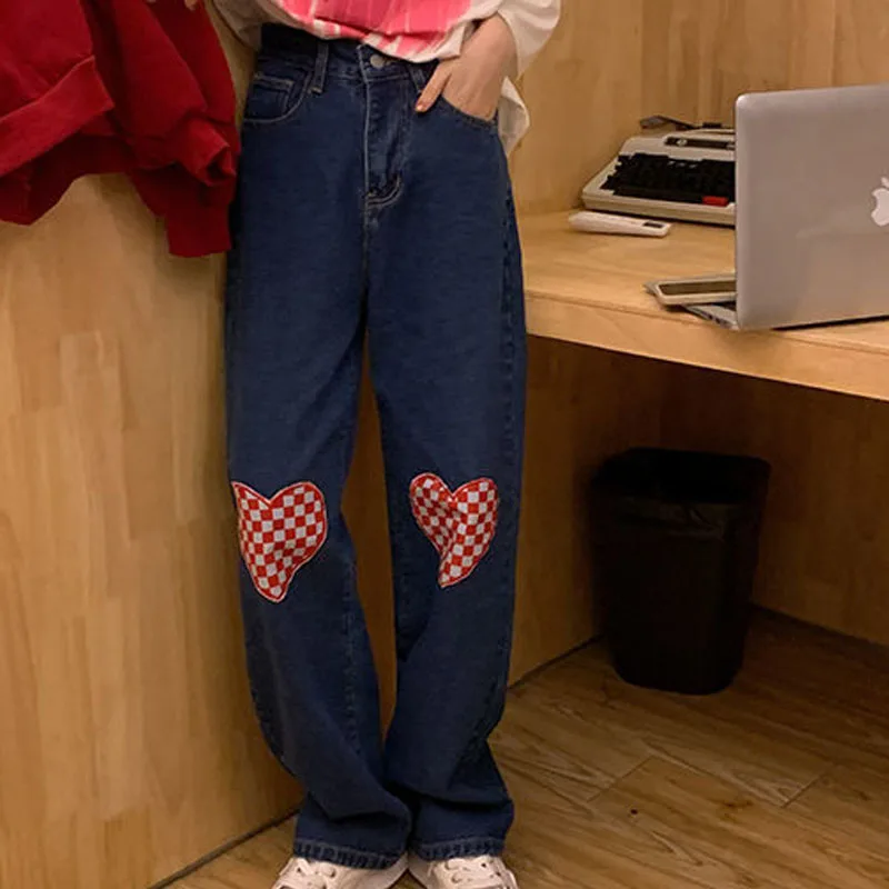 

Повседневные уличные винтажные клетчатые прямые джинсы с принтом Love и высокой талией, милые джинсовые брюки для девочек на осень и зиму, жен...