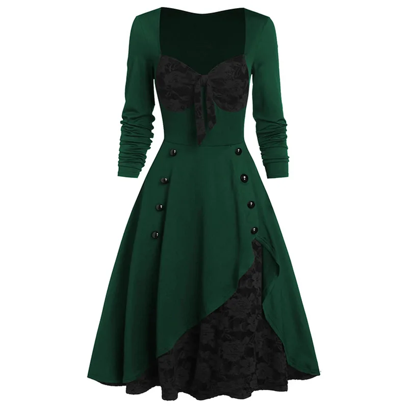 

Nice Pop Autumn Winter Palace Retro Lace Stitching Button Square Neck Long Sleeve Women Dress Floor-Length Dinner Gowns