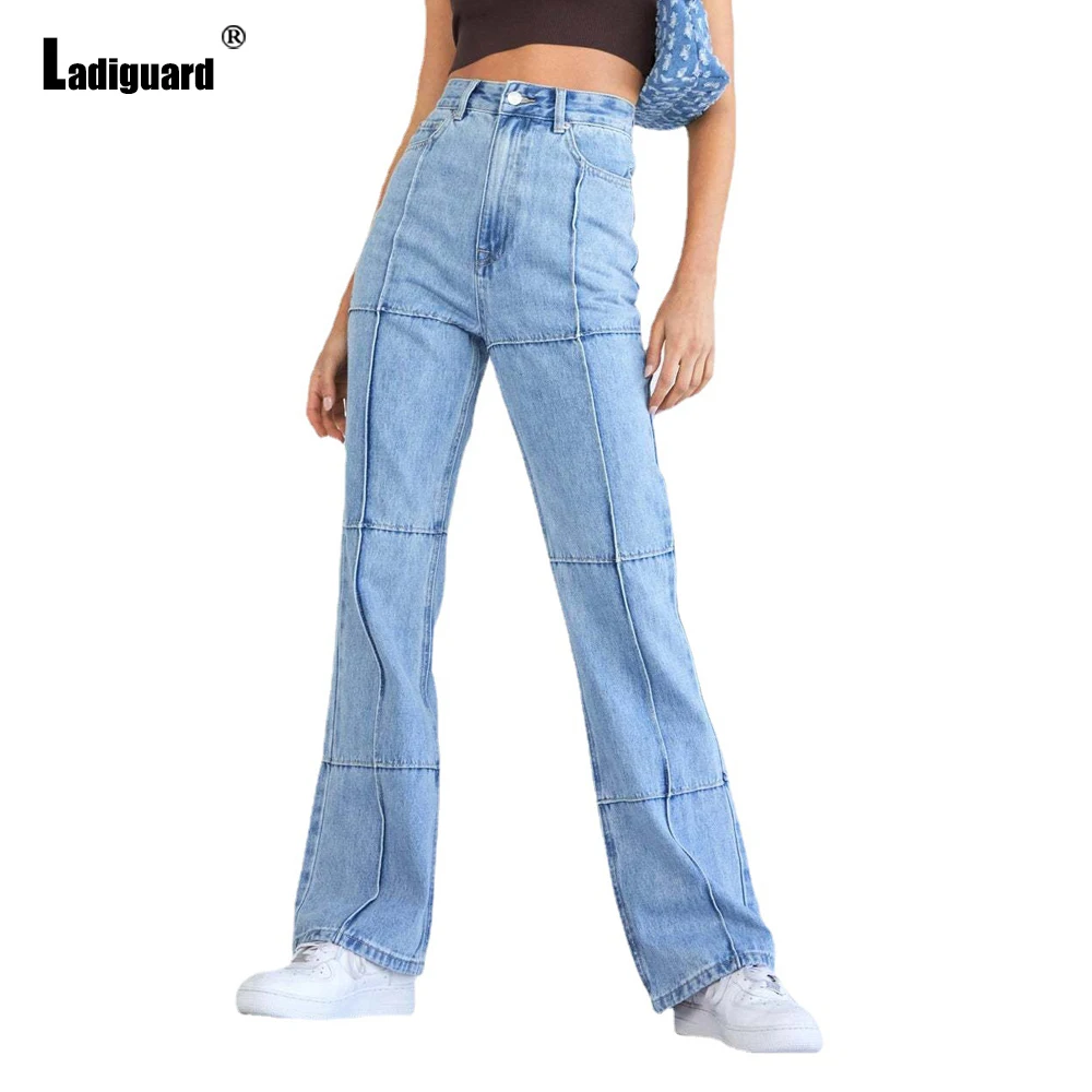 Ladiguard Women Fashion Jeans High Cut Ladies Skinny Denim Pants Boyfriend Flare Trousers Girls Streetwear Light Blue Demin Wear