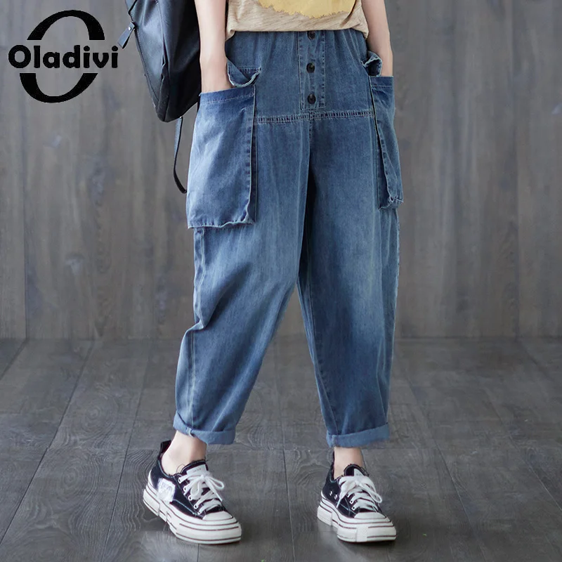 

Женские джинсы с широкими штанинами Oladivi, повседневные свободные шаровары оверсайз с эластичным поясом и большими карманами, модель 2021 на о...