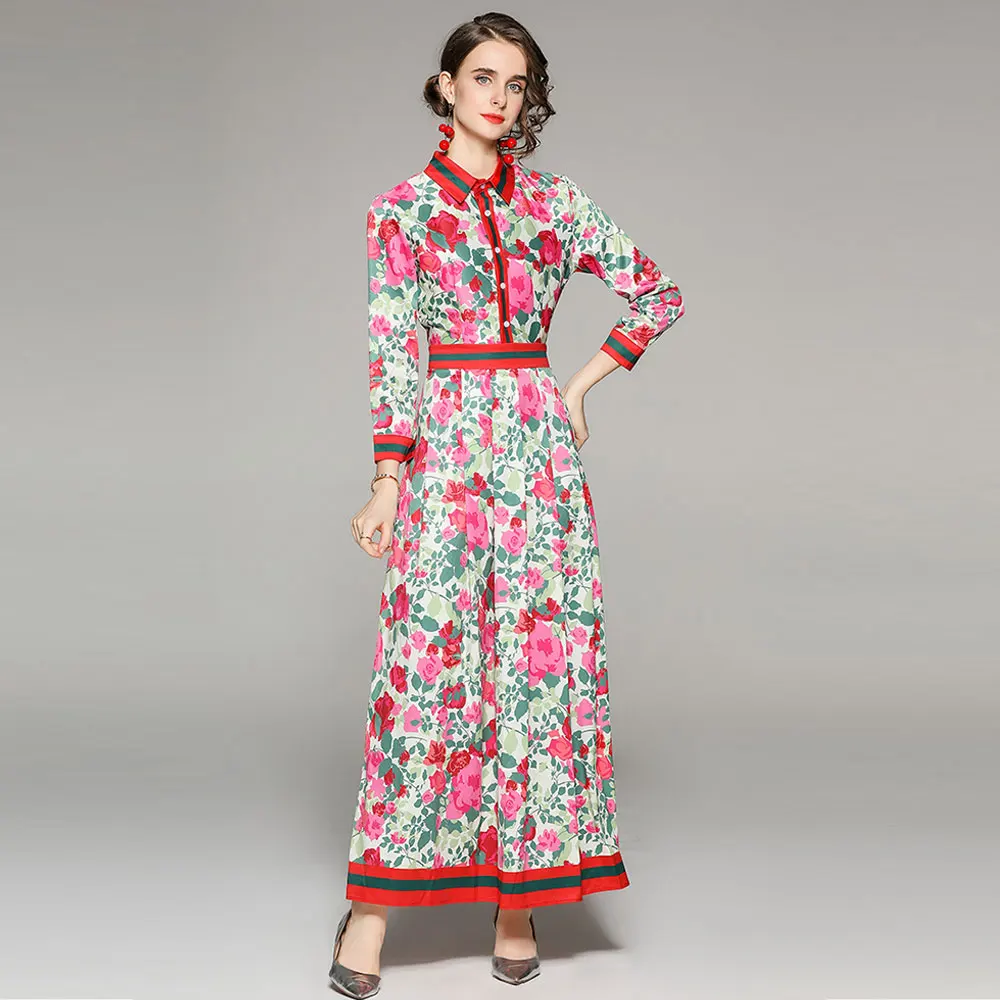 

Newest Chic Elegant Ladies Floral Dress Female's Shirt Collar Long Sleeve A Line Flower Print Vintage Autumn Maxi Dresses S69815
