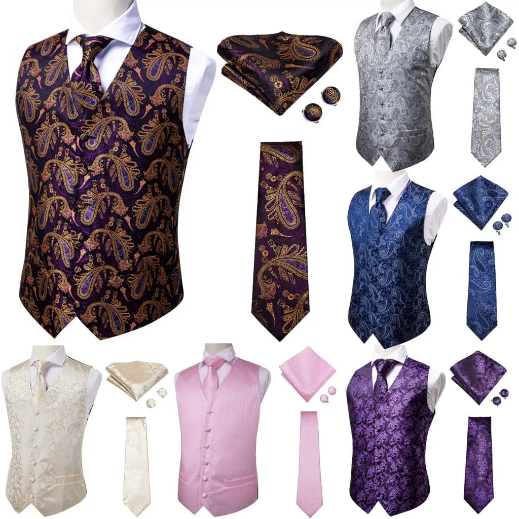 

Hi-Tie 11 Kinds Silk Men's Waistcoat and Tie Set Business Wedding Vests With Necktie Hankerchief Cufflinks Floral Paisley Slim