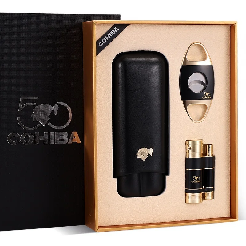 

COHIBA cigar accessories Set Lighter Cutter Cigar Case Travel 3 Torch Cigar Lighter Metal Shap Puro Cutter Pocket Humiodor