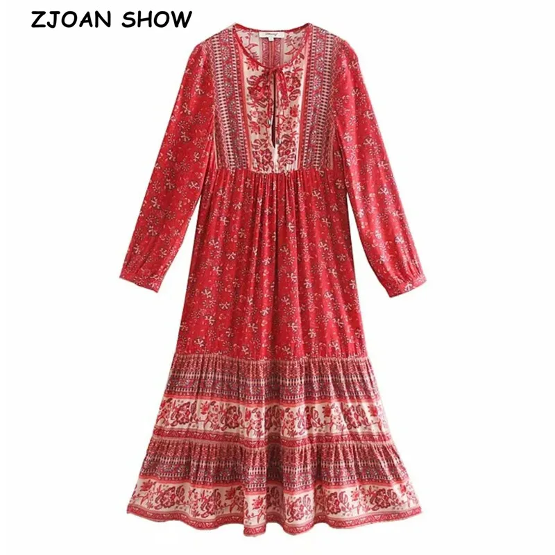 

Bohemia Contast Color Red Floral Print Women Midi Dress Lacing up V neck Long sleeve Dresses Stitching Ruched Hem Holiday Robe