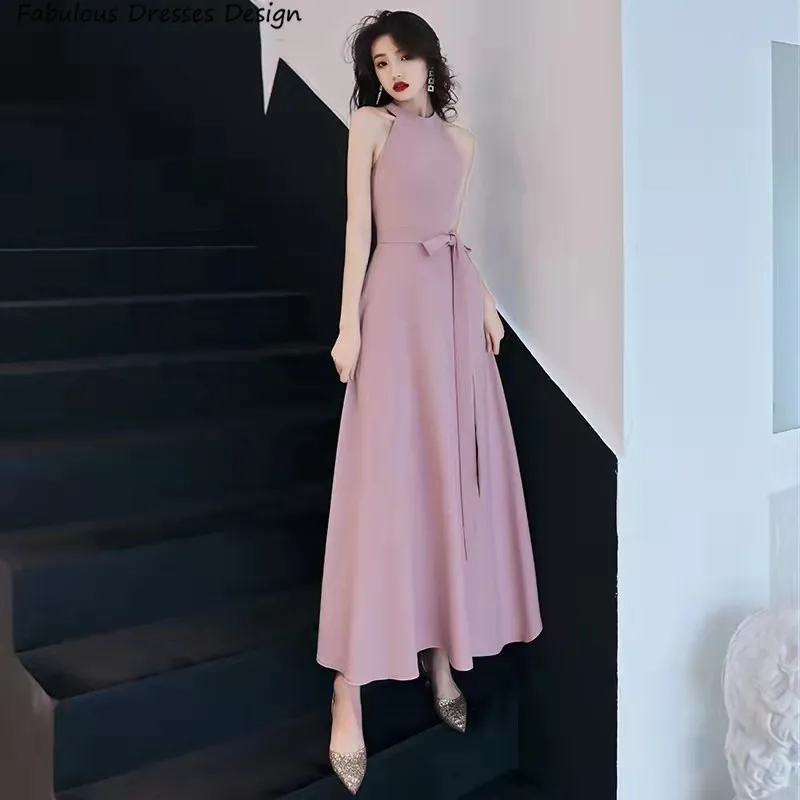 

Pink A Line Bridesmaid Dresses Tea Length Halter High Neck Bowknot Sashes Wedding Party Dress For Women Backless Prom Gowns