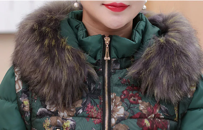 Abrigos mujer invierno, модный принт, зимний женский пуховик, хлопок, средней длины, куртка, парка с капюшоном, меховой воротник, утолщенное пальто